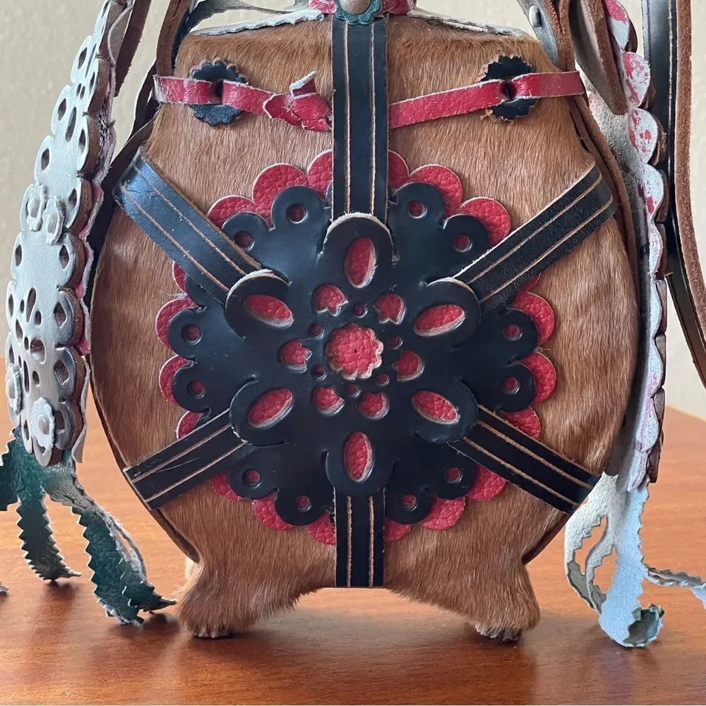 Vintage Hungarian Folk Art Wooden Horsehair Covered Canteen Flask Leather Strap